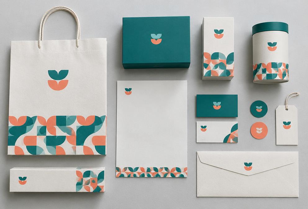 Coordinated branded packaging, stationery and shopping bag