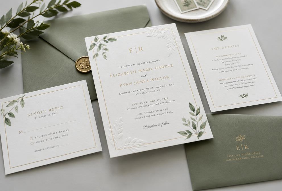 Wedding invitation cards with matching envelopes