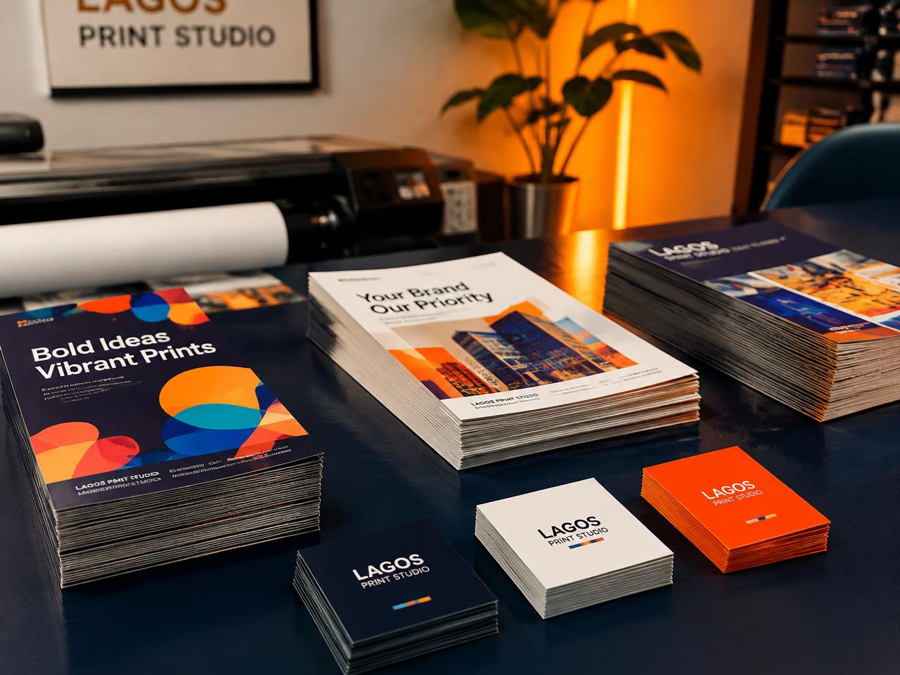 Printed flyers, brochures and business cards on a studio table